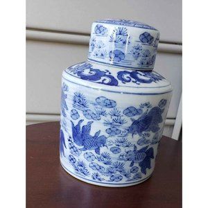 Vintage Blue and Koi Fish Ginger Jar Chinese Handpainted Porcelain